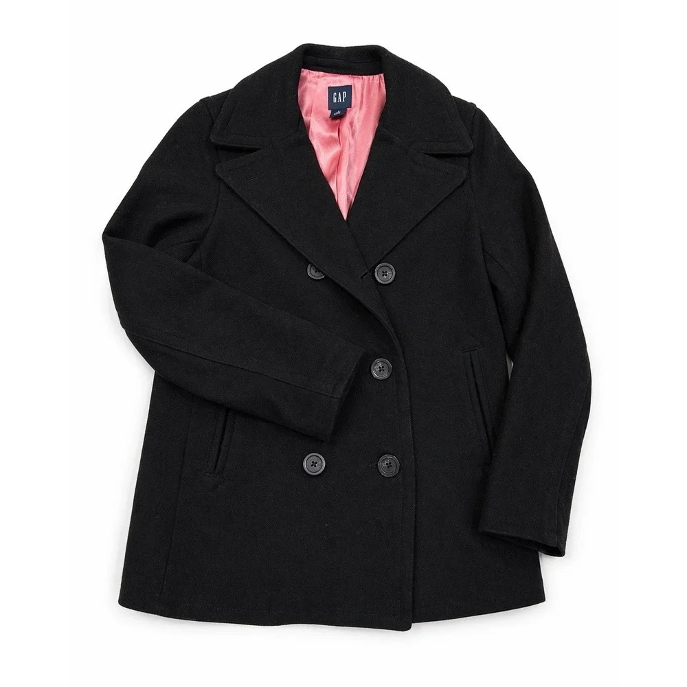 GAP‎ Y2K Black Wool Peacoat Jacket Womens Small Pink Lined Double Breasted
